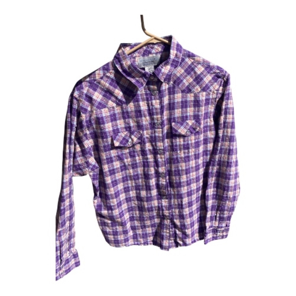 Wrangler Blues Western Shirt purple plaid Pearl snaps long sleeve size large - Picture 2 of 11